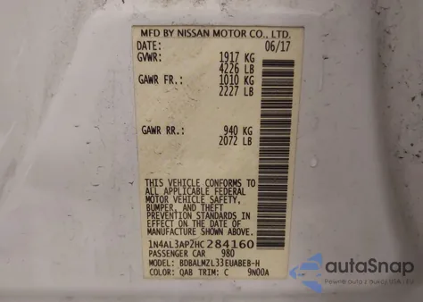 2017 Nissan Altima 2.5 z USA, uszkodzony, nr VIN 1N4AL3AP2HC284160